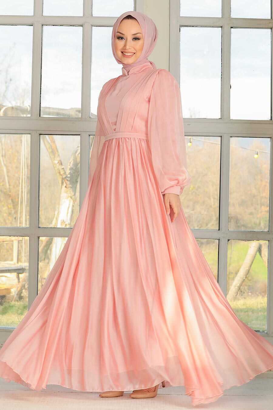 Powder Pink Hijab Evening Dress 33232PD