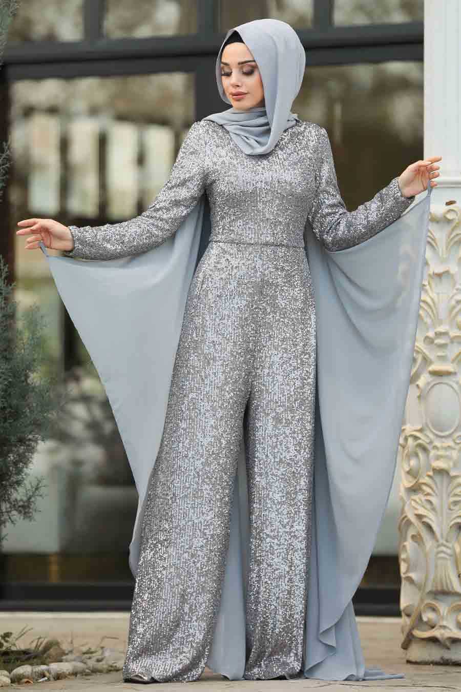 Pul Payetli Gri Tesettür Abiye Tulum 38870GR - Neva-style.com