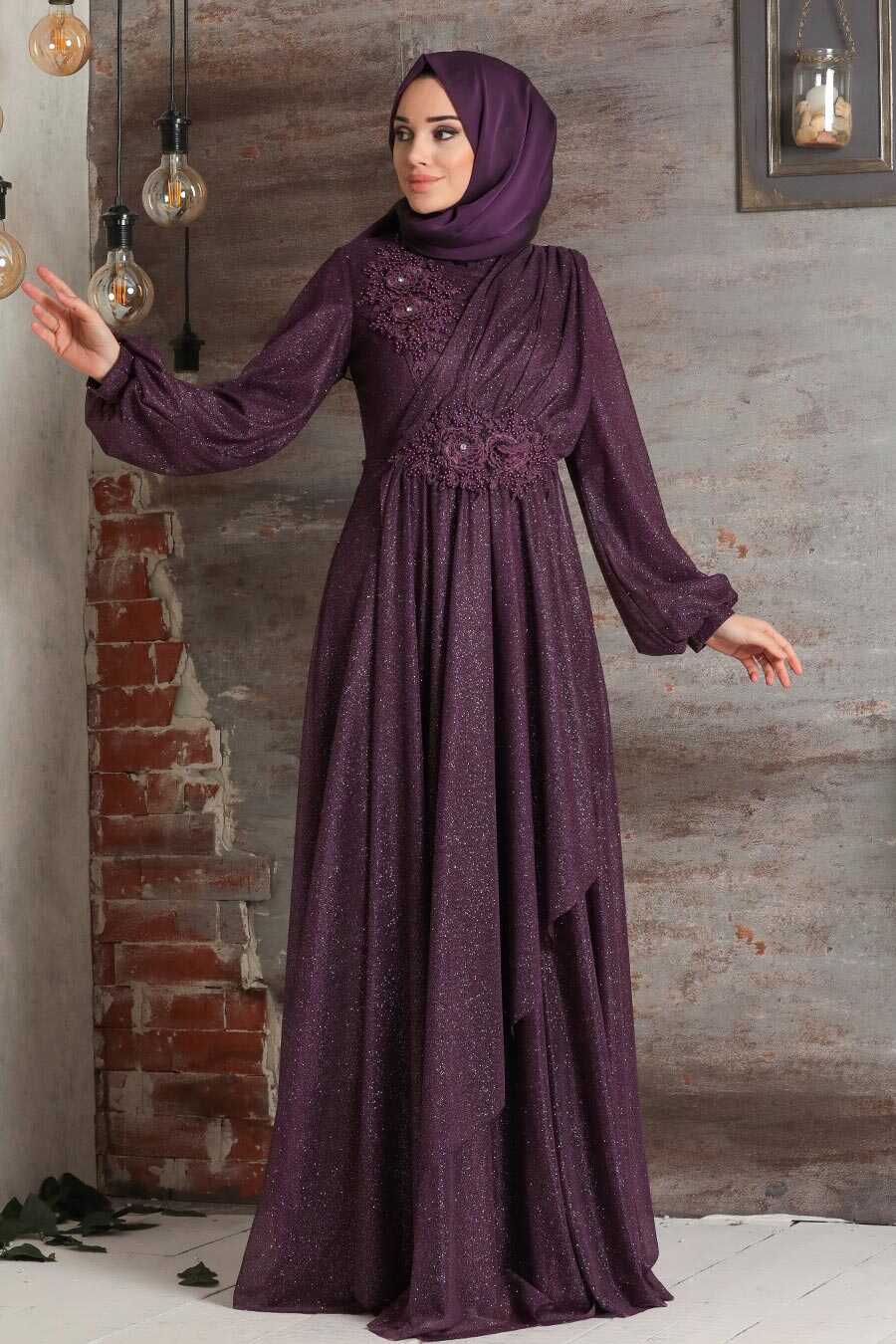 Purple Hijab Evening Dress 3498MOR