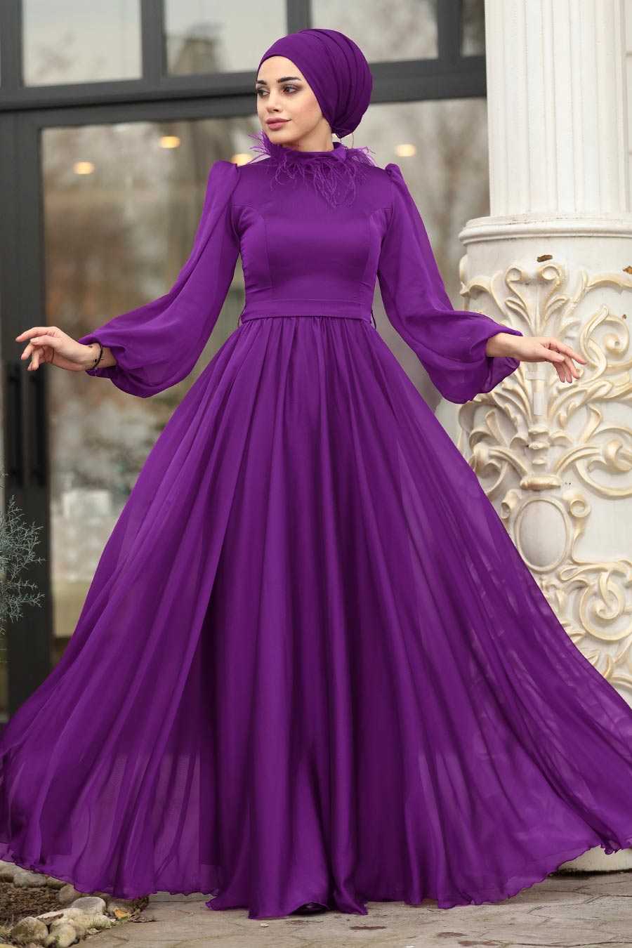 Purple Hijab Evening Dress 3925MOR - Neva-style.com