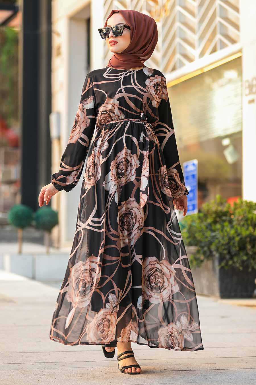 Rose Pattern Hijab Daily Dress 4002DSN - Neva-style.com