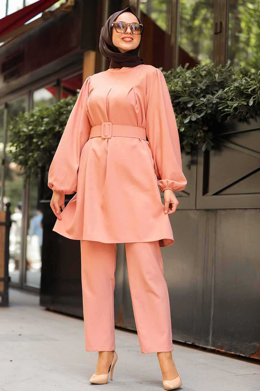 Salmon Pink Hijab Dual Suit Dress 2351SMN - Neva-style.com