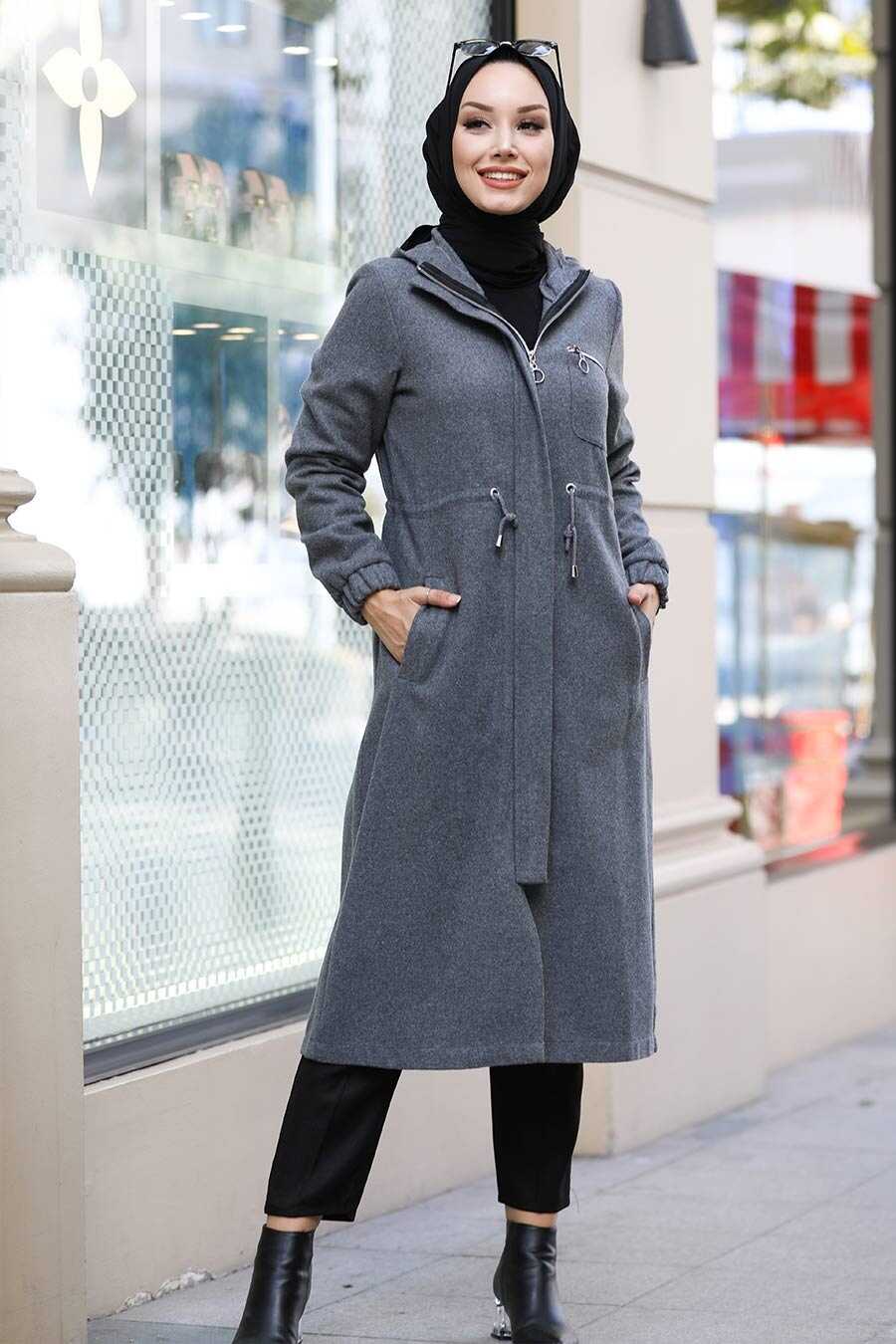 Smoke Color Hijab Coat 5565FU - Neva-style.com