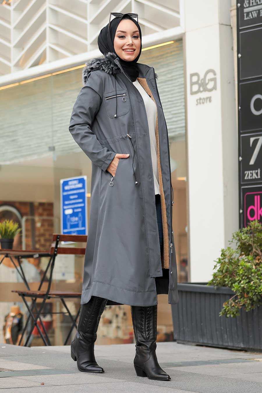 Smoke Color Hijab Parka Coat 63774FU - Neva-style.com