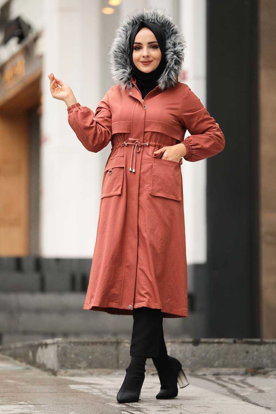 Terra Cotta Hijab Parka Coat 90670KRMT - Neva-style.com