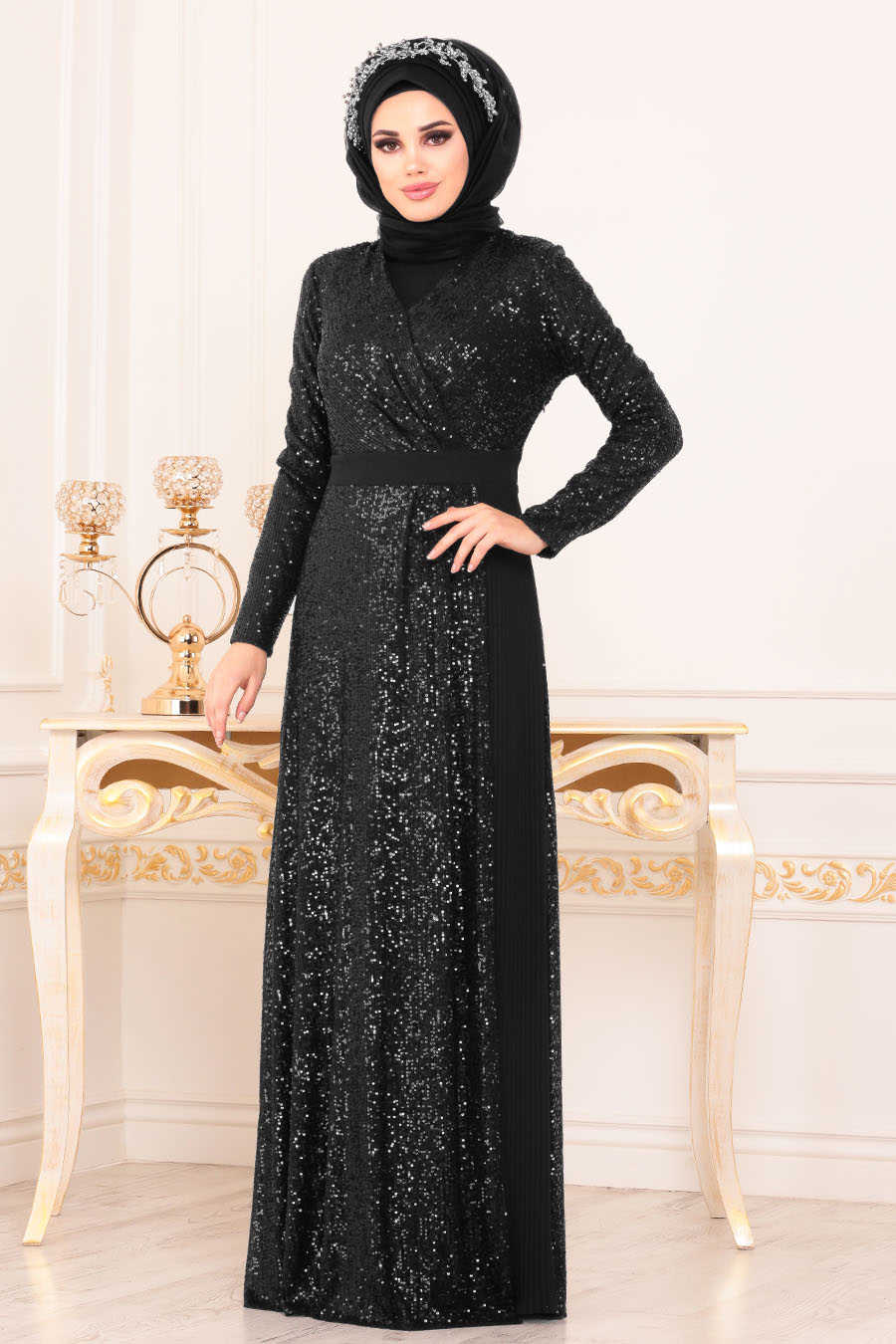 V Yaka Siyah Tesettür Abiye Elbise 85550S - Neva-style.com