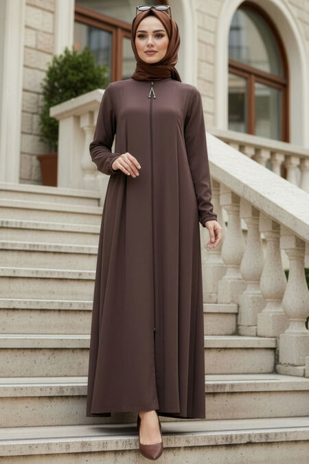 Zippered Brown Modest Abaya 45319KH - 