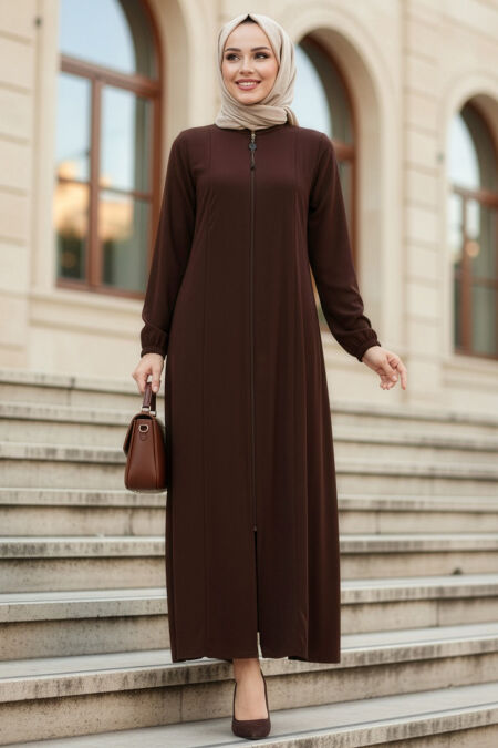 Zippered Dark Brown Modest Abaya 45319KKH - 