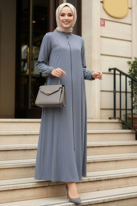 Zippered Grey Modest Abaya 45319GR - 